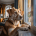 „Hund schaut aus dem Fenster und wartet auf sein Herrchen.“