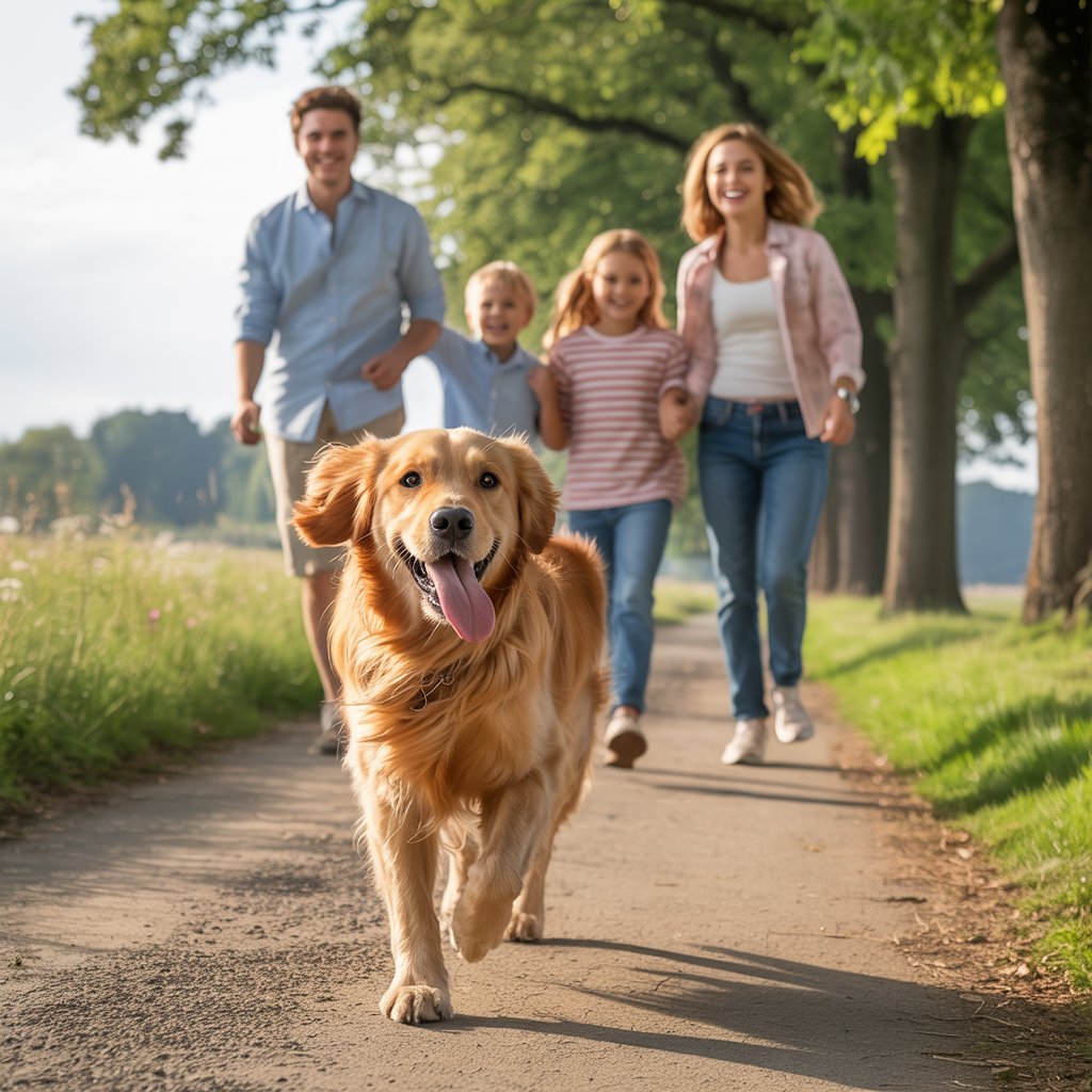 „Familie fördert mit täglicher Bewegung das Wohlbefinden des Hundes.“