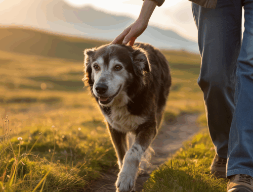 Älterer Hund läuft entspannt bei Sonnenschein.