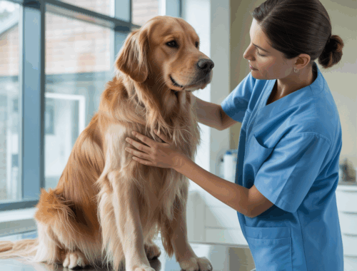 Tierarzt untersucht Hund wegen Hautrötung – Allergietest Vorbereitung.