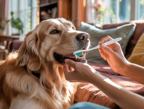 Hund lässt sich vom Besitzer die Zähne putzen – sanfte Zahnpflege zuhause.