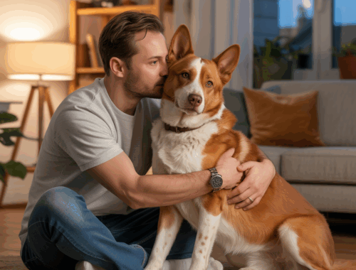 Mann streichelt entspannt seinen Hund – Nähe und Vertrauen im Alltag