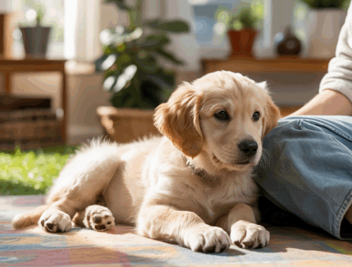 „Welpe liegt entspannt im Arm seines Besitzers – Vertrauen und Nähe.“