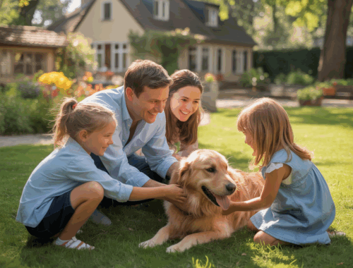 Familie mit Kindern spielt fröhlich mit Hund im Garten – Spaß und Zusammenhalt.