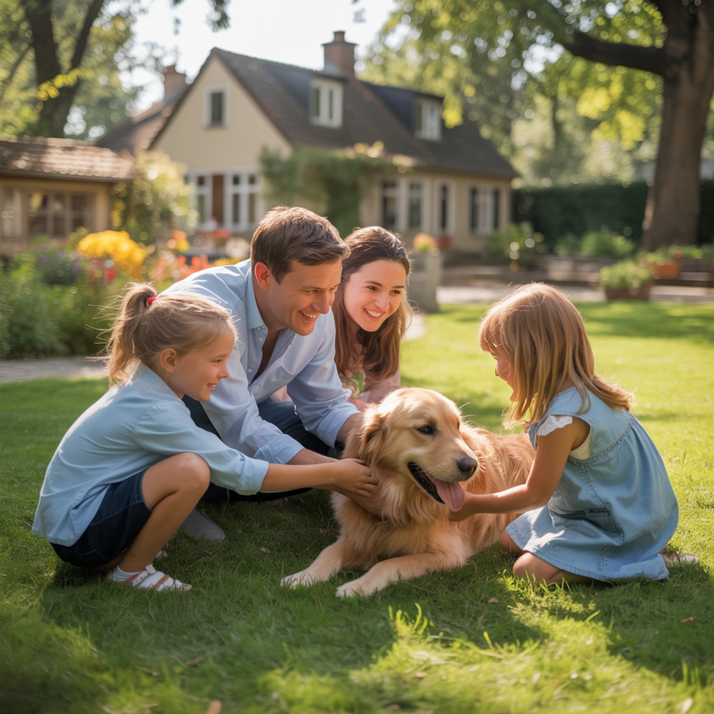 Familie mit Kindern spielt fröhlich mit Hund im Garten – Spaß und Zusammenhalt.
