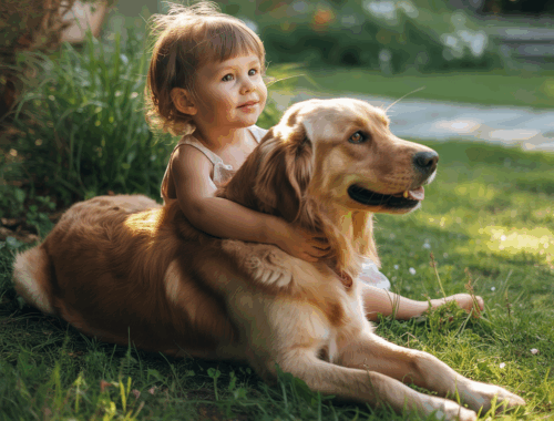 Kind liegt neben Hund – Vertrauen und Geborgenheit zwischen Hund und Kind.