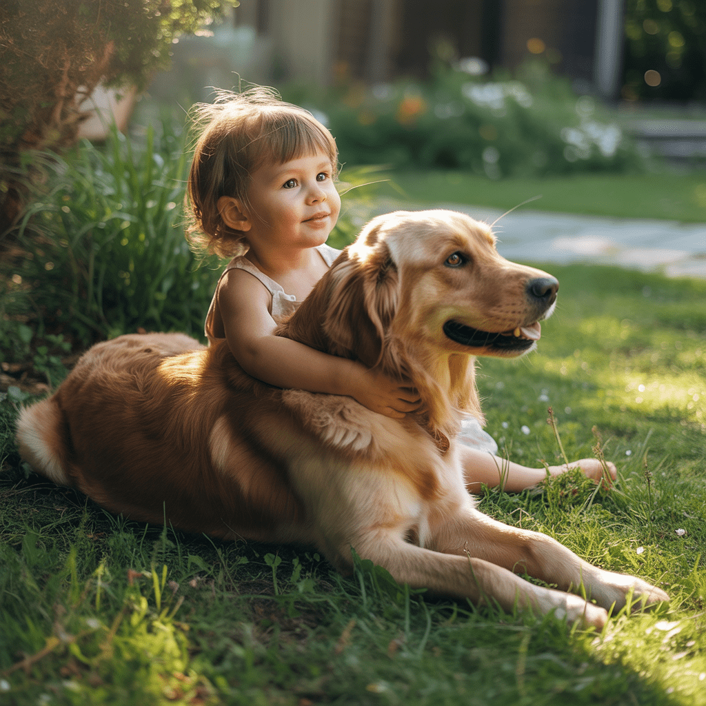 Kind liegt neben Hund – Vertrauen und Geborgenheit zwischen Hund und Kind.
