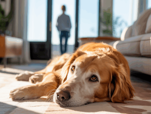 „Hund bleibt entspannt, während Besitzer das Haus verlässt.“