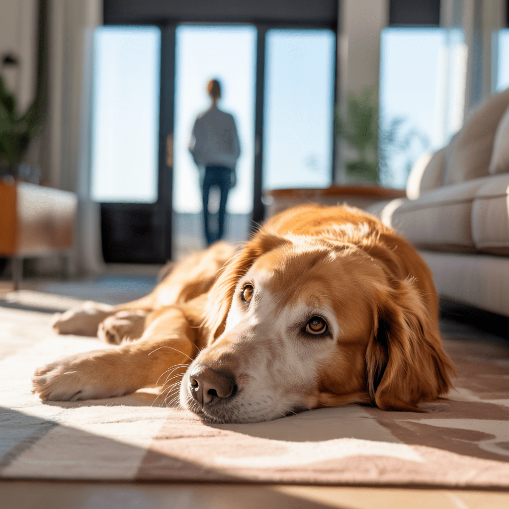 „Hund bleibt entspannt, während Besitzer das Haus verlässt.“