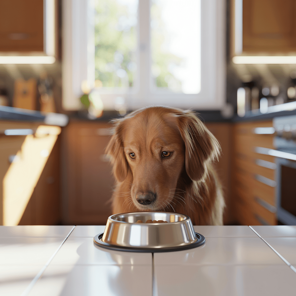 Hund inspiziert neues Futter – schrittweise Umstellung auf neues Futter.