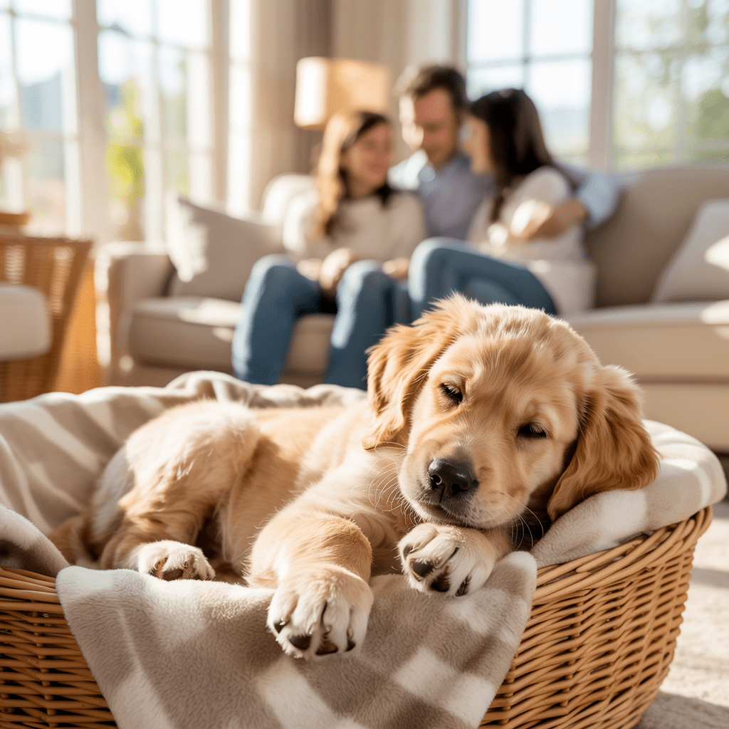 Welpe ruht entspannt im Körbchen – Ankommen im neuen Zuhause.