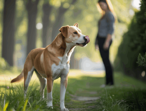 Hund leckt sich über die Lefzen – typisches Beschwichtigungssignal bei Unsicherheit.