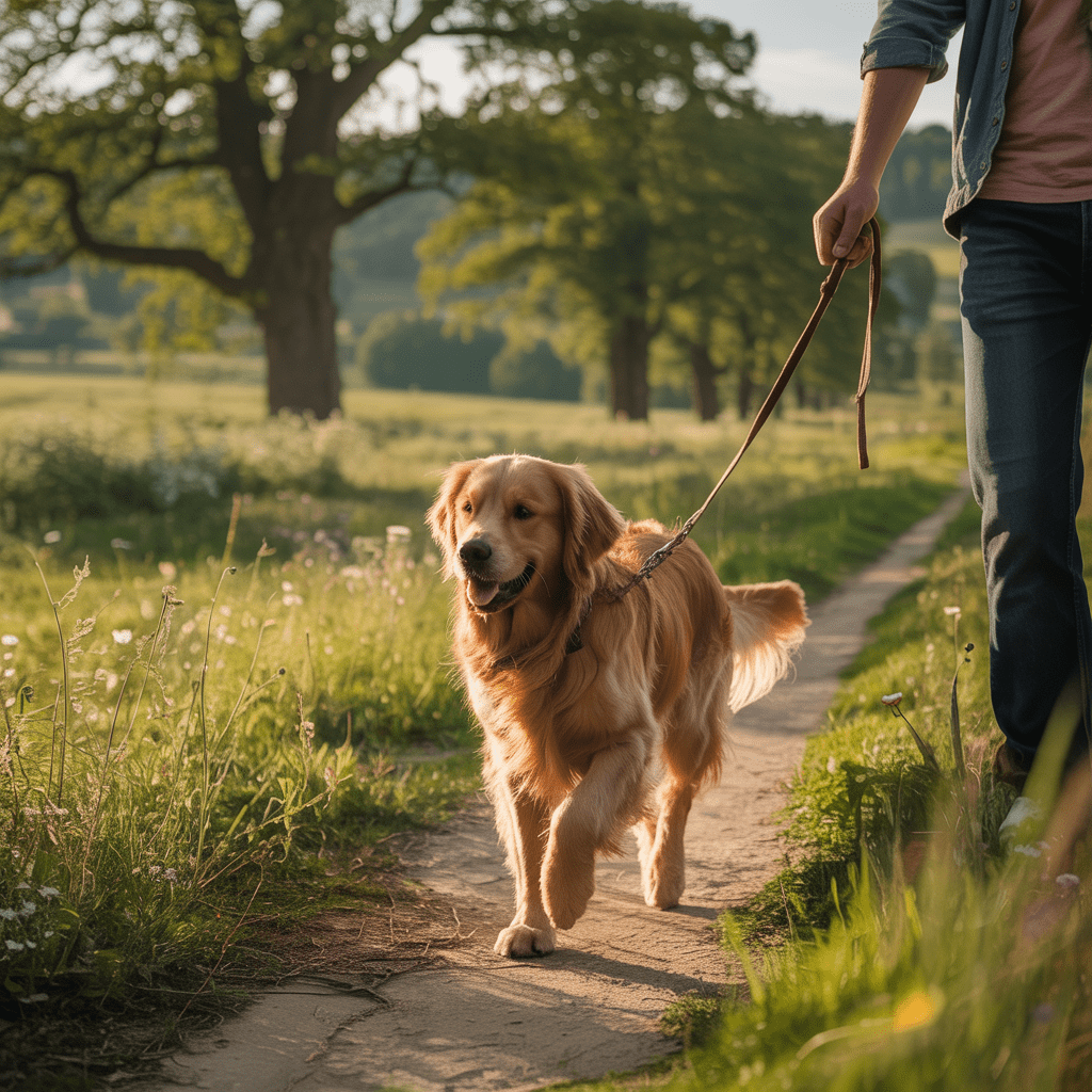 Mensch und Hund spazieren entspannt mit Schleppleine über Wiese.