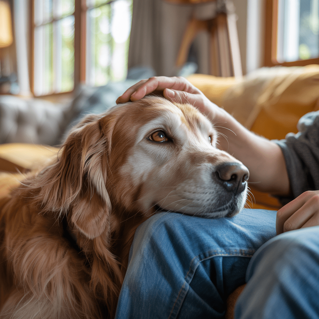 Hund spürt die Emotionen seines Besitzers und tröstet ihn mit Nähe.
