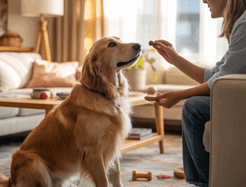 Hund übt Sitz mit Besitzer – erfolgreiches Training zu Hause.