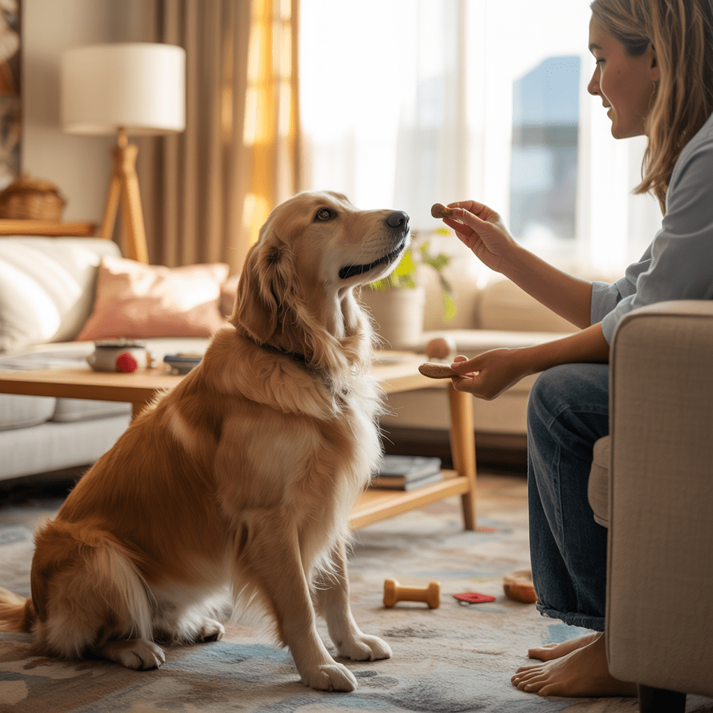 Hund übt Sitz mit Besitzer – erfolgreiches Training zu Hause.