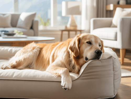 Familienhund schläft friedlich zu Hause – Geborgenheit und Komfort.