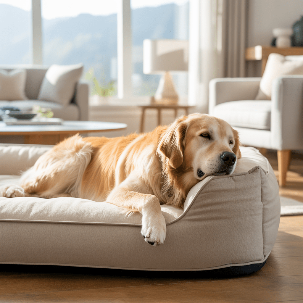 Familienhund schläft friedlich zu Hause – Geborgenheit und Komfort.