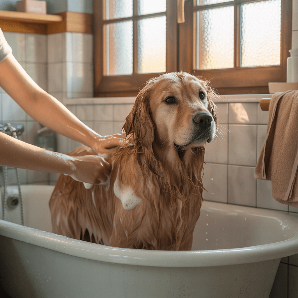 „Hund wird mit mildem Shampoo gebadet, artgerechte Pflege“