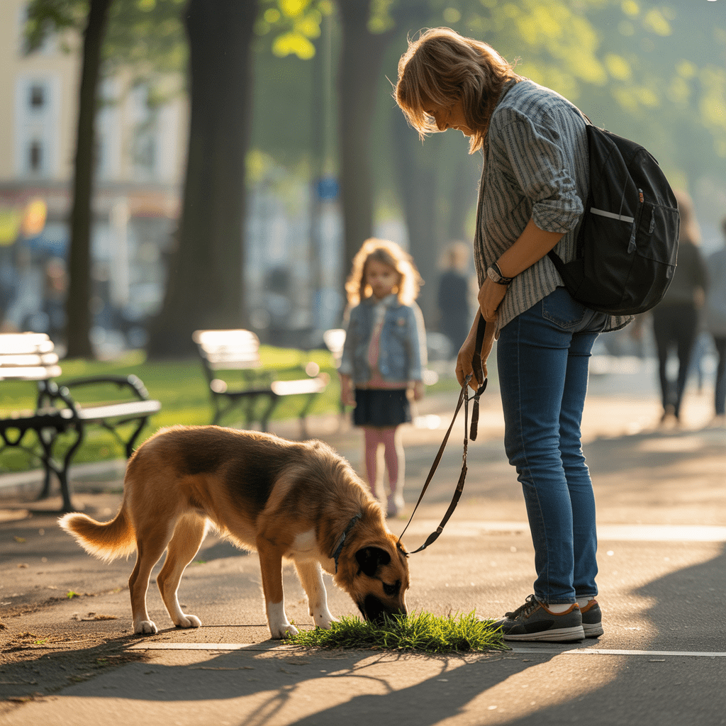 Hund schnüffelt kontrolliert am Gras, Halter führt ruhig an der Leine