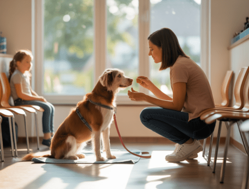 Hund wartet ruhig beim Tierarzt auf einer Decke, Halter belohnt entspannt