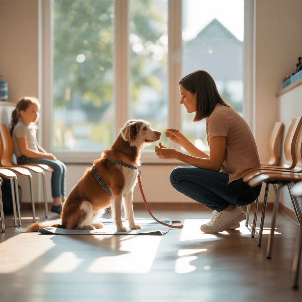 Hund wartet ruhig beim Tierarzt auf einer Decke, Halter belohnt entspannt