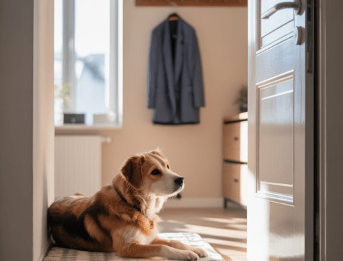 Hund entspannt auf Liegeplatz, Training fürs Alleinbleiben
