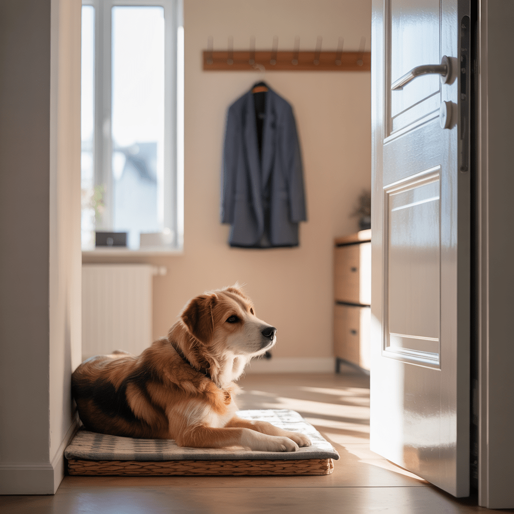 Hund entspannt auf Liegeplatz, Training fürs Alleinbleiben