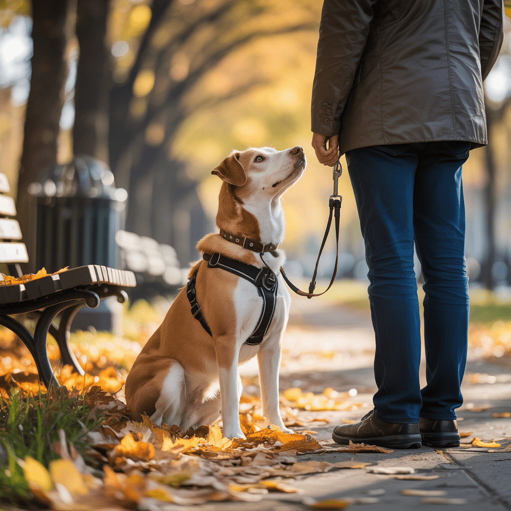Hund schaut zum Halter für Belohnung statt Müll am Boden