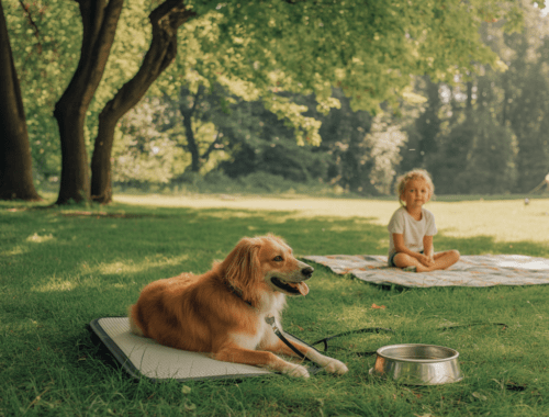 Kind und Hund machen Trinkpause im Schatten an einem Sommertag