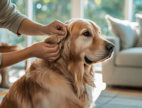 hund wird nach dem spaziergang auf zecken kontrolliert