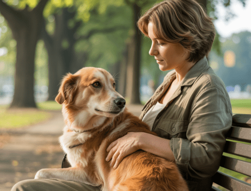 Hund und Halterin im ruhigen Blickkontakt auf einer Parkbank