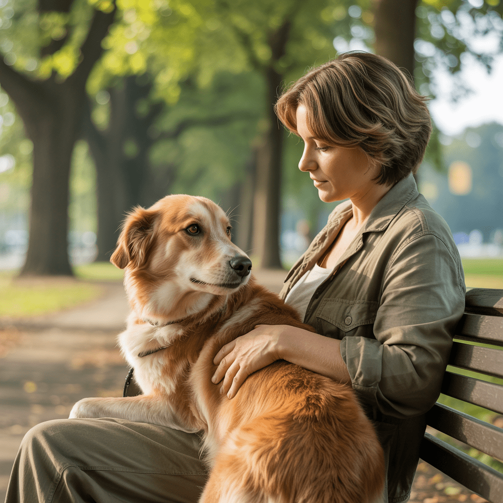 Hund und Halterin im ruhigen Blickkontakt auf einer Parkbank