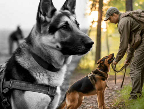 moderne hund-mensch-teamarbeit beim suchtraining im wald, ruhige stimmung