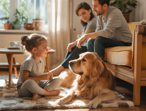 Kind sitzt auf dem Boden, Hund liegt ruhig daneben, beide schauen sich an