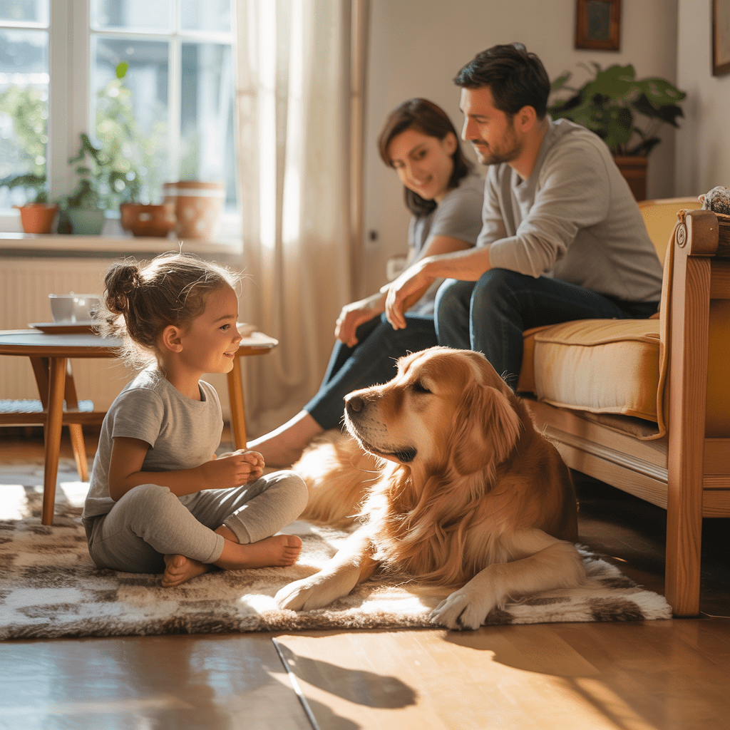 Kind sitzt auf dem Boden, Hund liegt ruhig daneben, beide schauen sich an