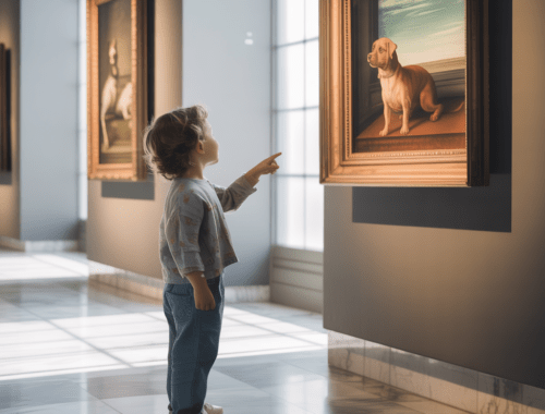 kind entdeckt hund in historischem gemälde im museum
