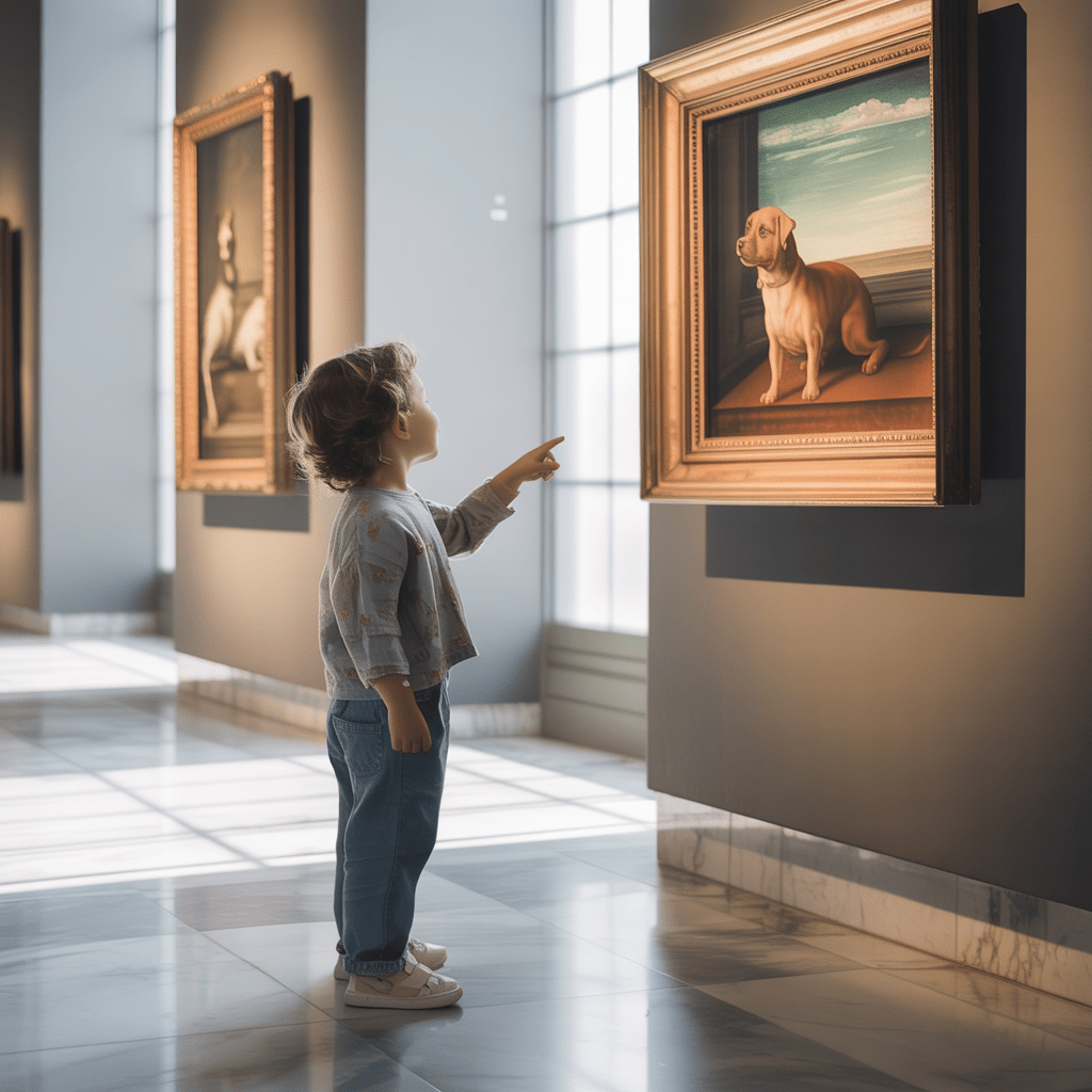 kind entdeckt hund in historischem gemälde im museum