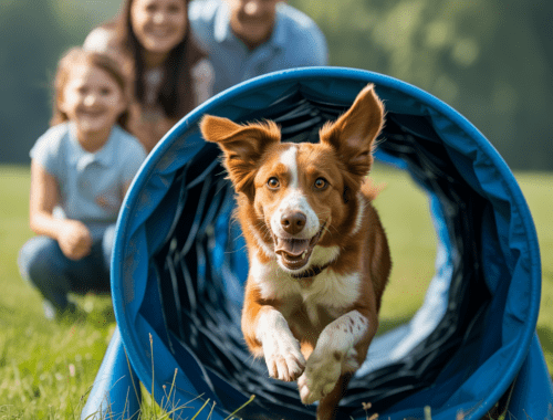 Hund läuft fokussiert durch einen Agility-Tunnel auf einer Wiese