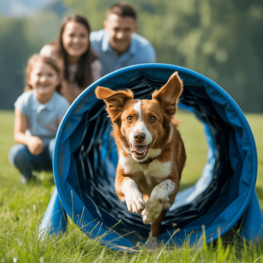 Hund läuft fokussiert durch einen Agility-Tunnel auf einer Wiese