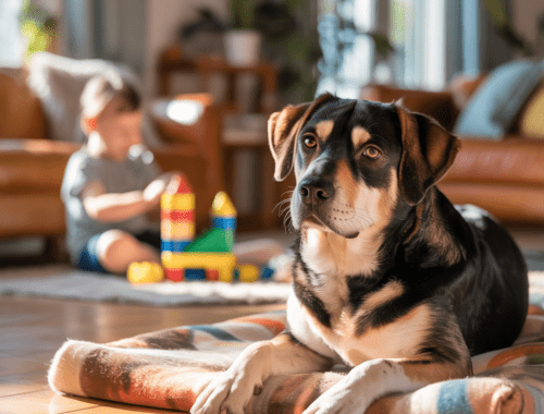 sicheres zusammenleben von kind und hund im wohnzimmer