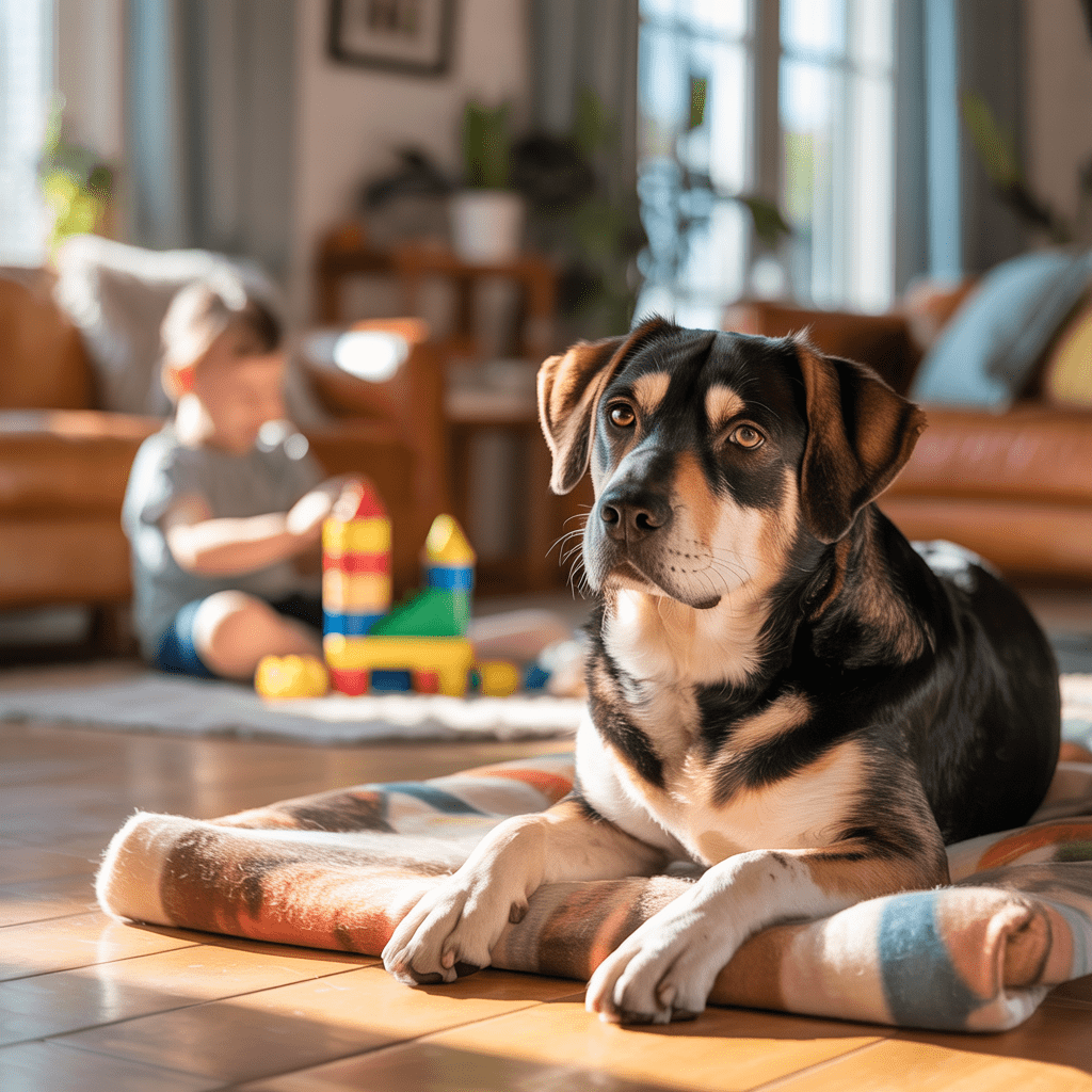 sicheres zusammenleben von kind und hund im wohnzimmer