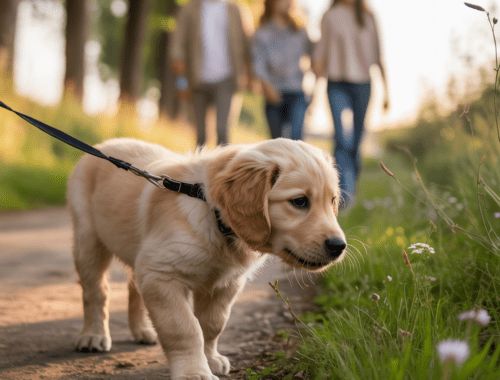 elpe schnüffelt entspannt an lockerer leine beim kurzen spaziergang