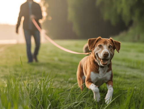 Hund trainiert rückruf mit schleppleine auf freier wiese