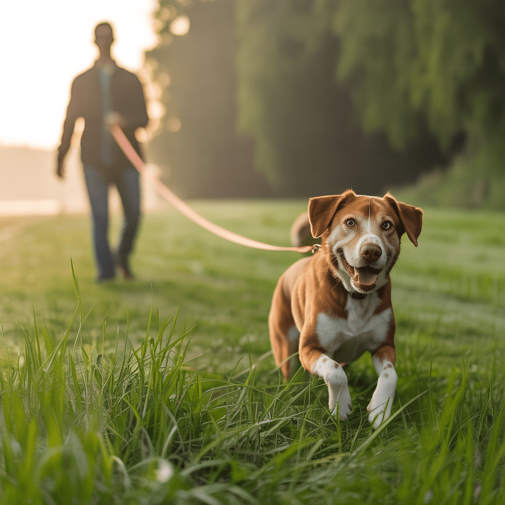 Hund trainiert rückruf mit schleppleine auf freier wiese