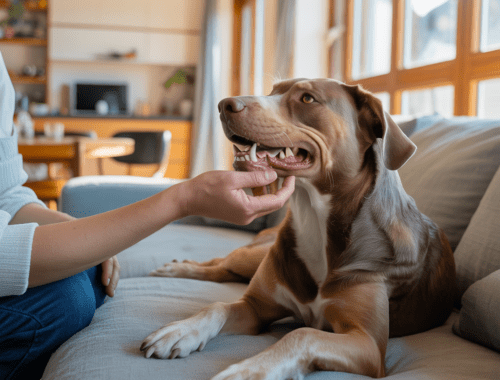 zahnkontrolle beim hund zuhause, lippe anheben und zähne prüfen