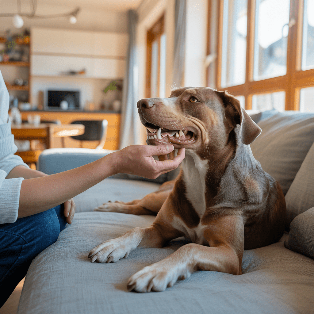 zahnkontrolle beim hund zuhause, lippe anheben und zähne prüfen