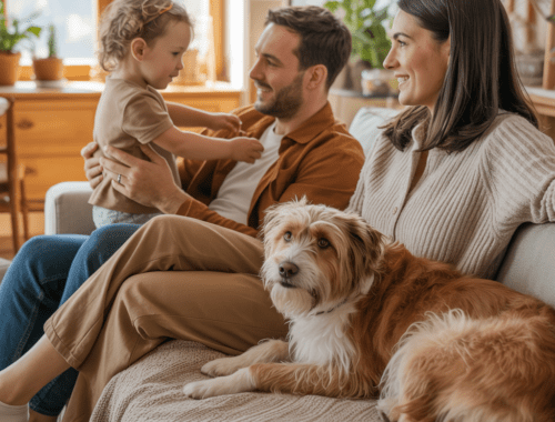 Tierheimhund entspannt im Familienalltag mit Kind