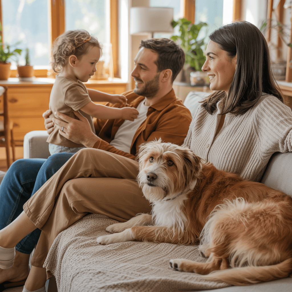 Tierheimhund entspannt im Familienalltag mit Kind