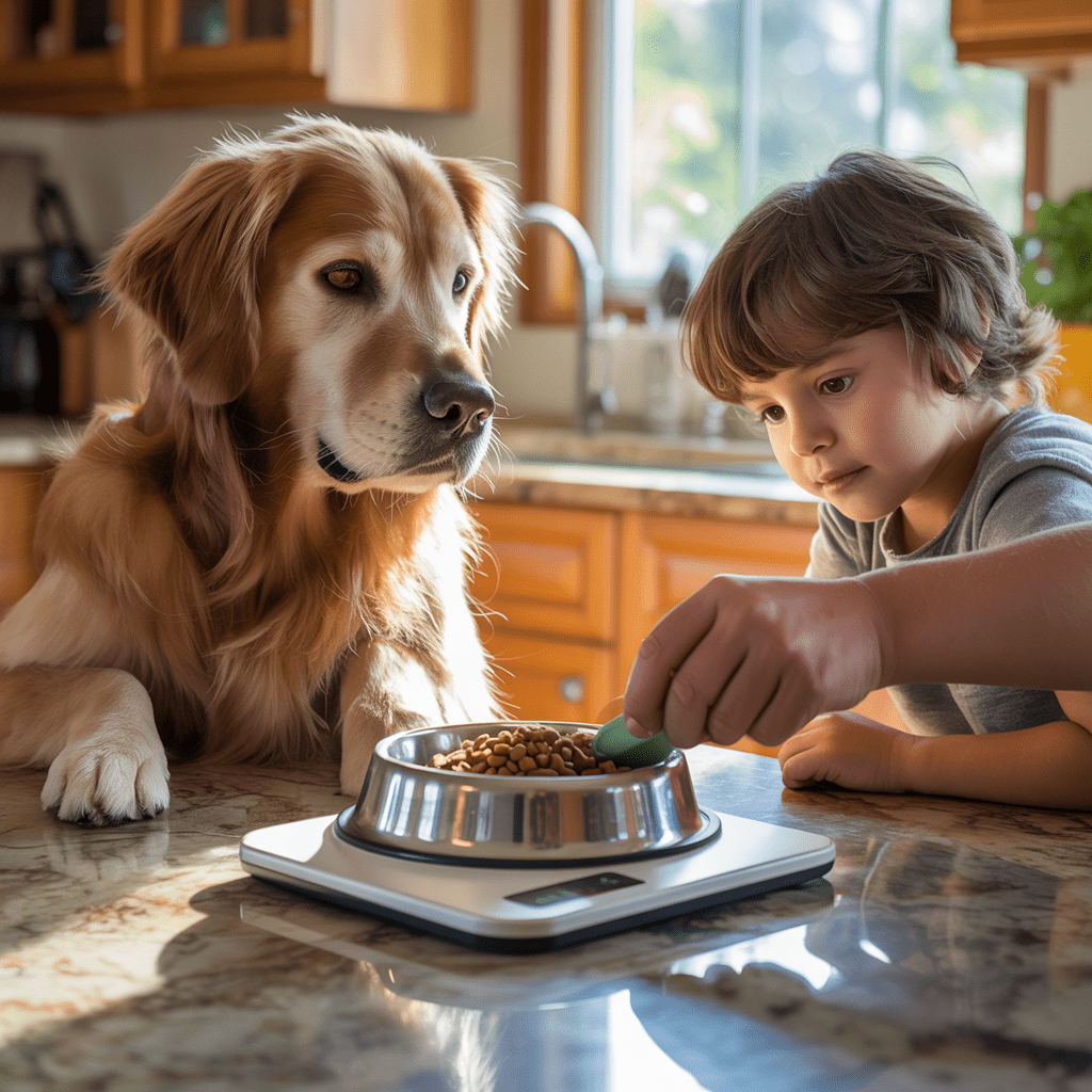 futter portionieren mit küchenwaage in familienhaushalt